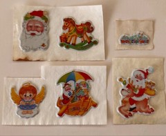 Vintage Puffy Stickers Angel Wings Santa Claus Presents Rocking Horse Toy Feliz