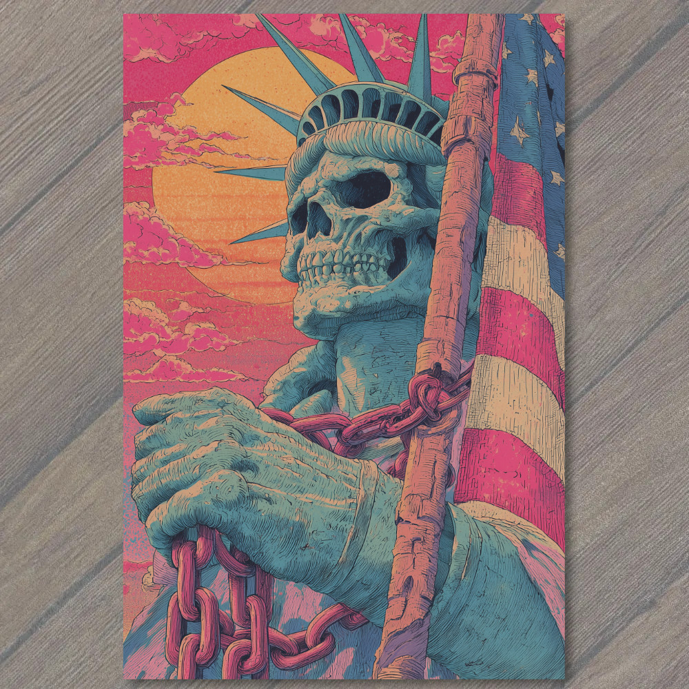 STICKER Liberty Skeleton Pink Chains American Flag Neon Sunset Dystopian Art