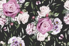 Seamless Pattern of Flowers and Exotic Leaves on a Black Background. Floral R…