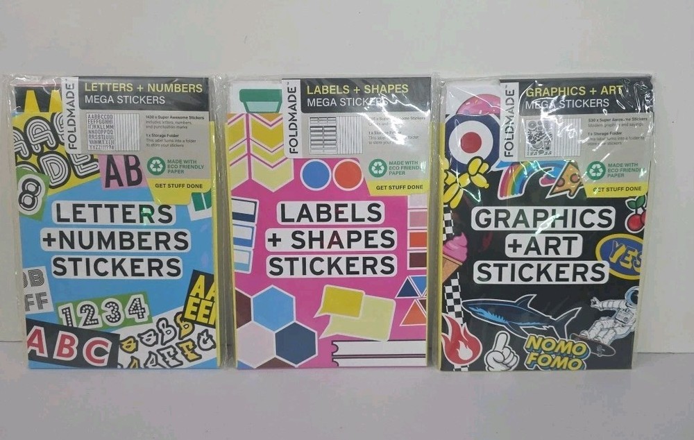 Lot of 3 Foldmade Mega Stickers Labels & Shapes Letters & Numbers Graphics & Art