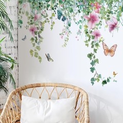 Flower Vine Wall Decals Hanging Green Leaves Wall Stickers Butterfly Flower Plan