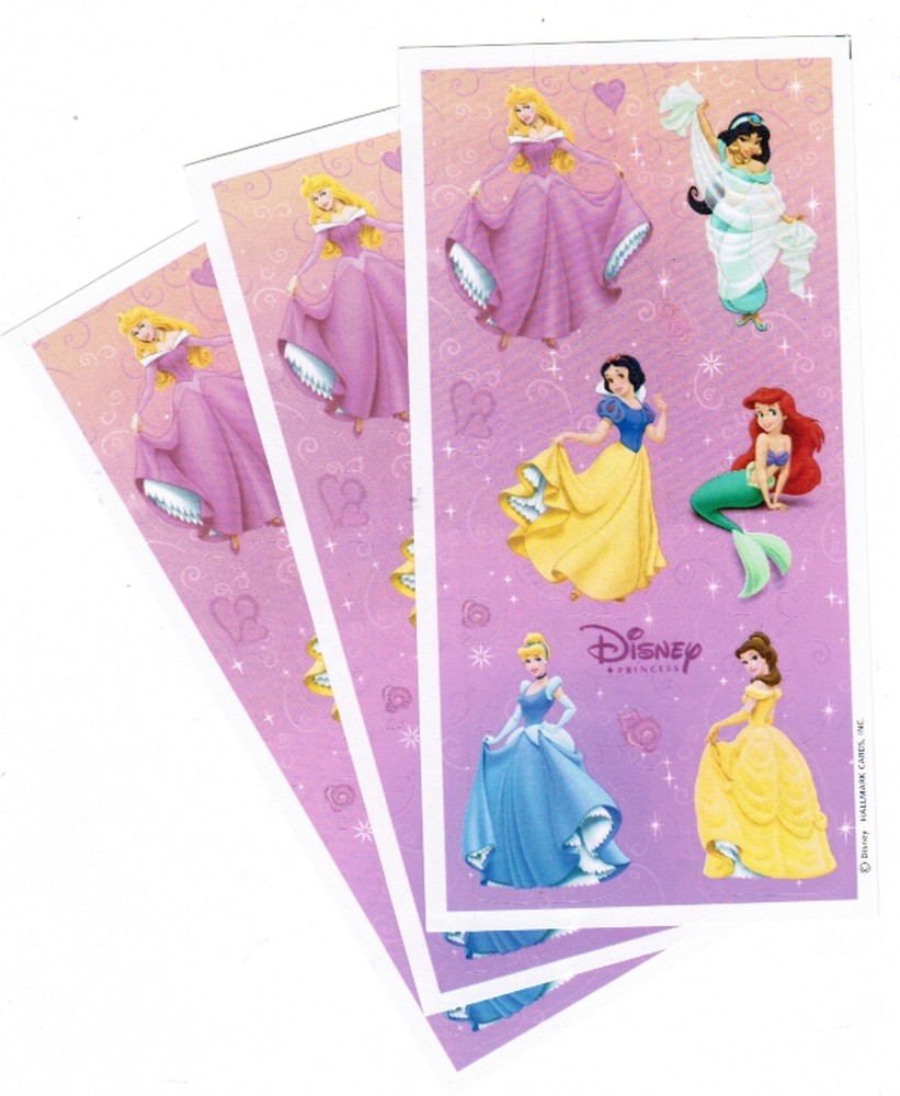 3 Sheets Disney PRINCESS Scrapbook Stickers! Aurora Jasmine Ariel Belle Snow