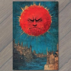 STICKER Angry Sun Over City Mean Star Hot Rays Buildings Sky Funny Unusual