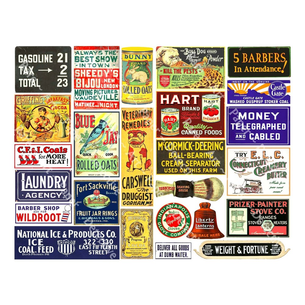 Vintage Advertising Signs, 2 Cut & Peel Sticker Sheets, 50 Reproductions
