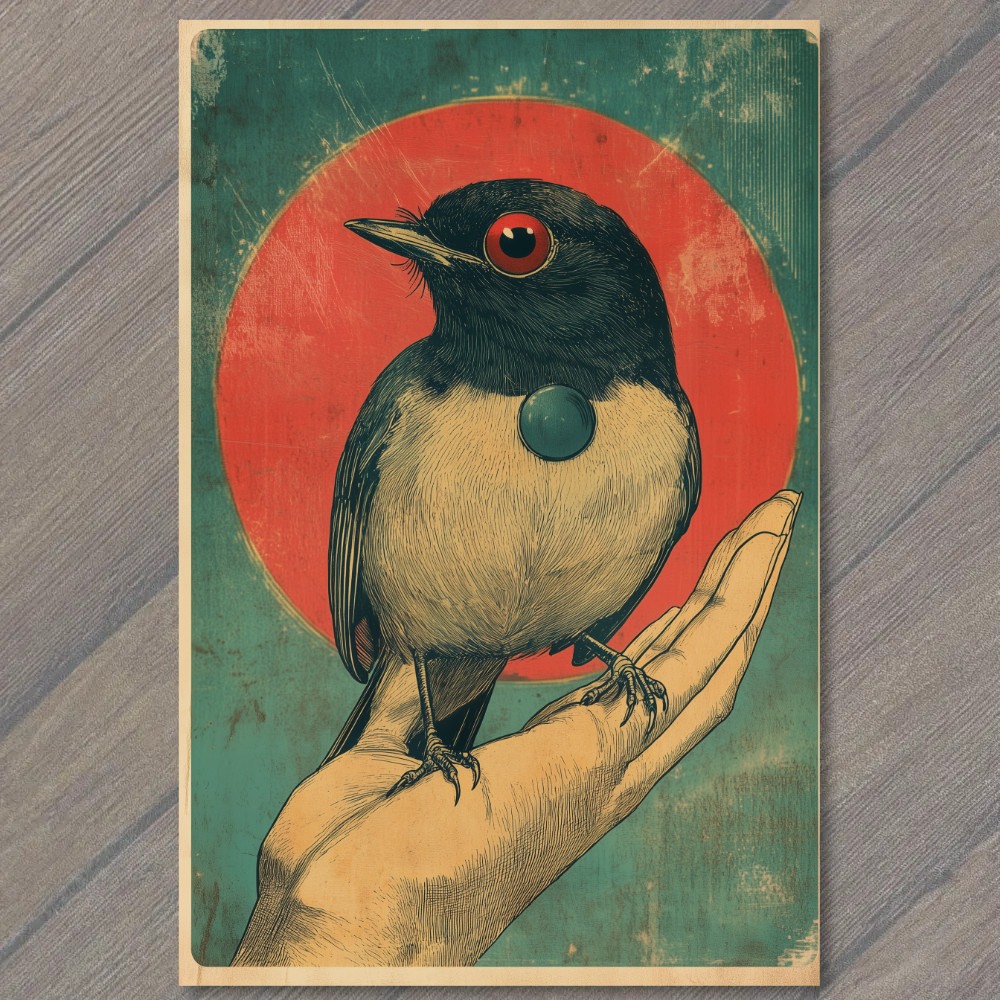 STICKER Sunburst Bird Hand Holding Orange Black Spiritual Mystical Surreal Art