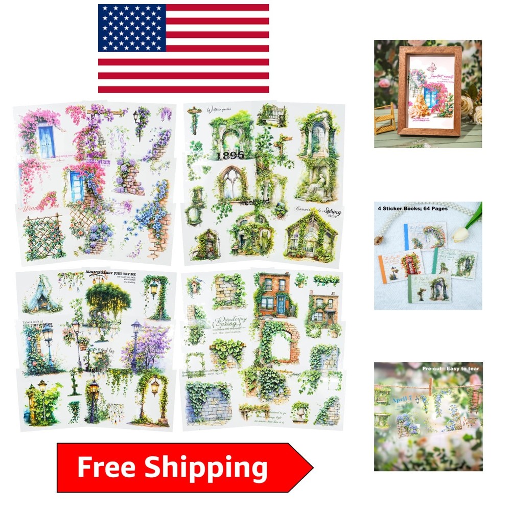 Charming Vintage Floral Sticker Book Set – 4 Books, 64 Pre-Cut Craft Stickers