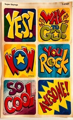 Vintage Sticker Sheet SUPER Sayings YES! Way to Go! Wow You Rock So Cool Awesome