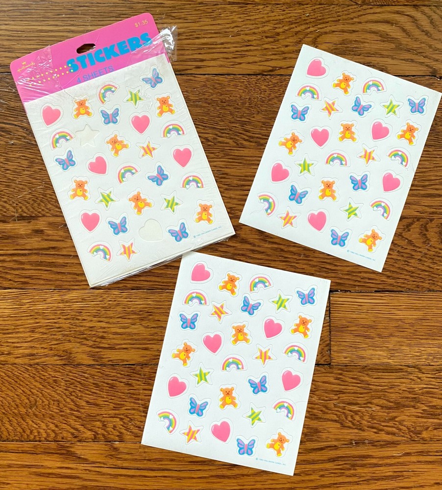 Vintage Hallmark Stickers 1985 Rainbow Heart Butterfly Star, Teddy Bear 3 Sheets