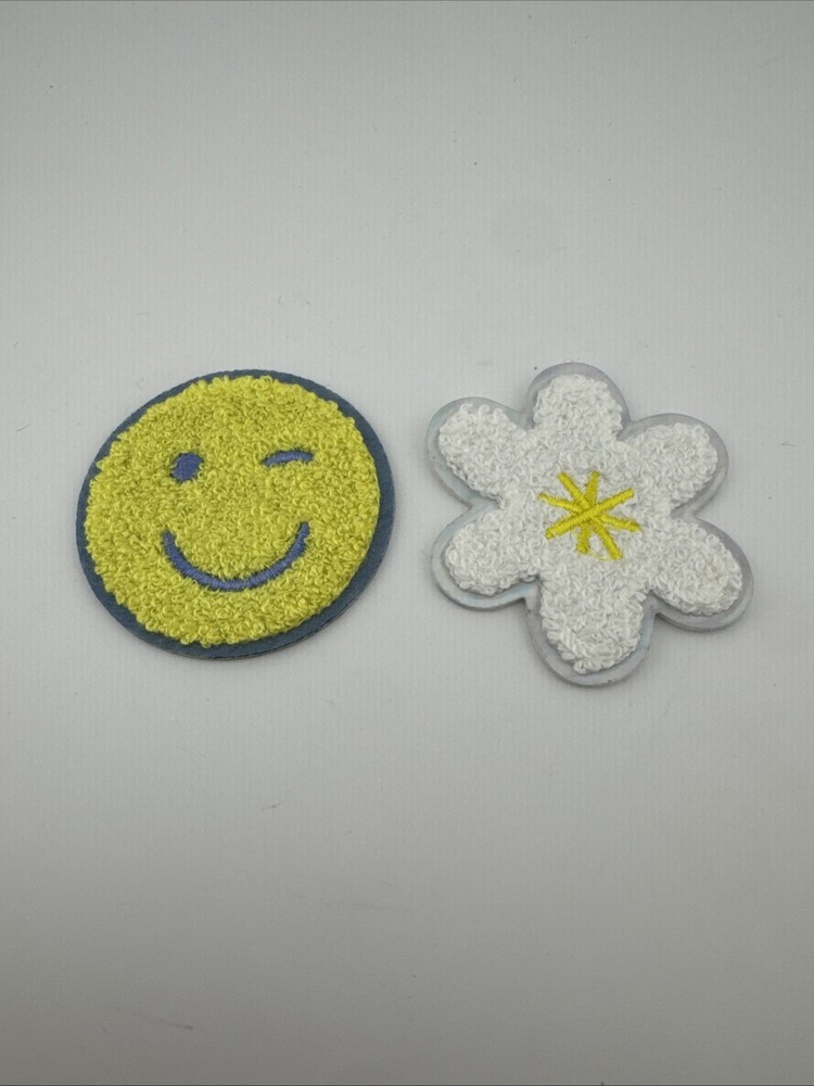 2 Pack Smiley Face Flower Chenille Fuzzy Patches 2” Self Adhesive Stickers