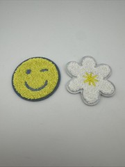 2 Pack Smiley Face Flower Chenille Fuzzy Patches 2” Self Adhesive Stickers
