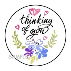 30 THINKING OF YOU ENVELOPE SEALS LABELS STICKERS 1.5″ ROUND FLORAL FLOWERS