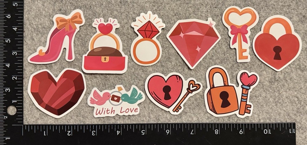 Lot of 10 Assorted Love Ring Gem Lock Key To My Heart Wedding Valentine Stickers