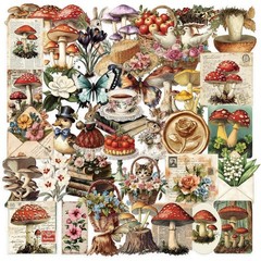 50PCS Vintage Mushroom Stickers PET Transparent Stickers Retro Flora and Fauna D