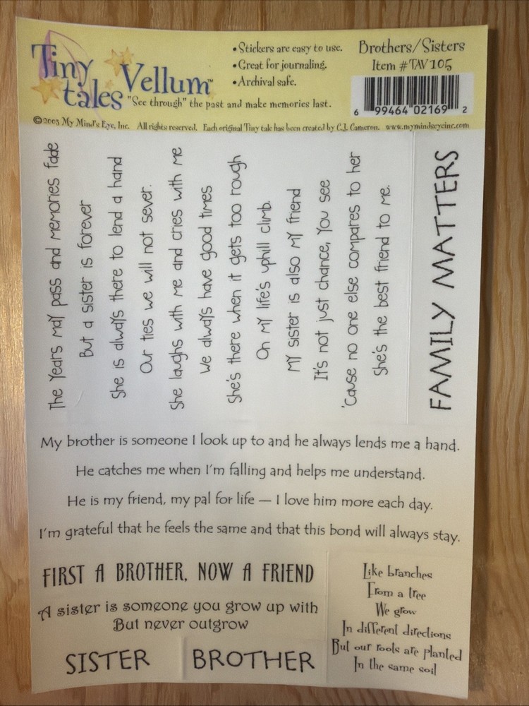 Brothers / Sisters Vellum Sticker Sheet Scrapbook Craft Stickers