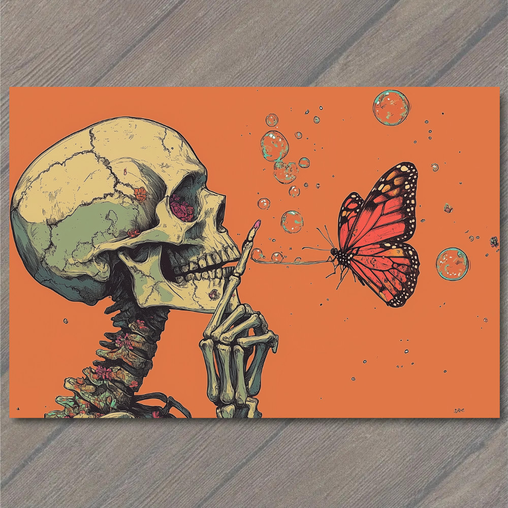 STICKER Bright Skull Blowing Bubble Wild Hair Butterfly Vivid Color Fantasy