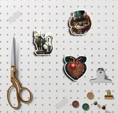 10pcs Steampunk Cat & Heart Stickers- Scrapbook, Journal, Diy Crafts & Cards