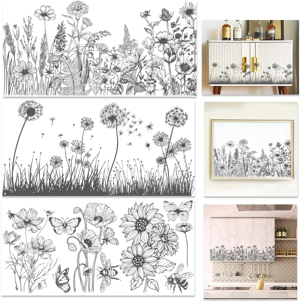 3 Sheet Black White Rub on Transfers for Crafts 6X12 Flower Furniture Rub on Tra