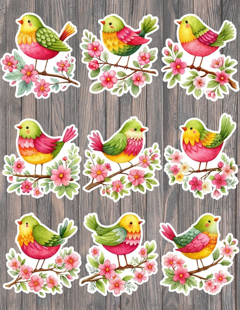 Pink and Green Bird Vinyl Die Cut Stickers Set Scrapbooking Laptop Water Bottle