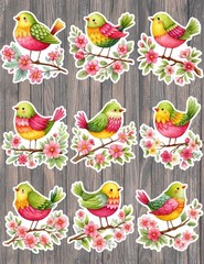 Pink and Green Bird Vinyl Die Cut Stickers Set Scrapbooking Laptop Water Bottle