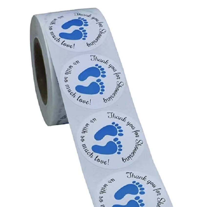 500 pcs Sticker Roll Baby Shower Boy Blue Footprint Semi Gloss Self Adhesive NEW