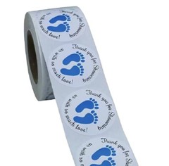 500 pcs Sticker Roll Baby Shower Boy Blue Footprint Semi Gloss Self Adhesive NEW