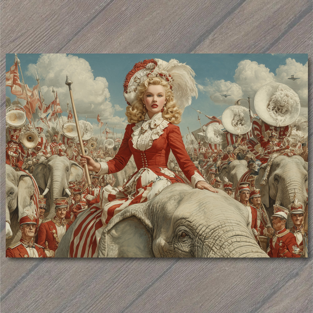 STICKER Marching Band Parade Elephant Circus Lady Red White Uniforms Flags Sky