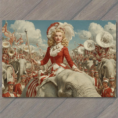 STICKER Marching Band Parade Elephant Circus Lady Red White Uniforms Flags Sky