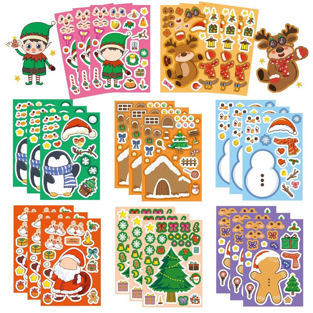 8/16/24PCS Toy Puzzle Stickers Cartoon Christmas Make a Face Stickers DIY Handic