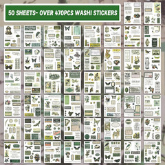 Green Vintage Washi Journaling Sticker , 476PCS Botanical Washi Tape Stickers, S