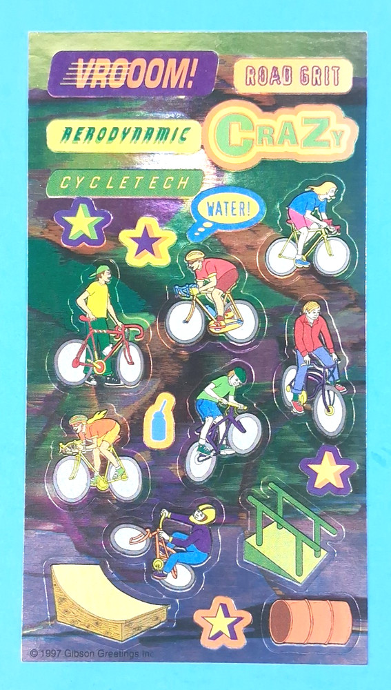 Vintage Biking Cycling Foiled Gibson Greetings Removable Stickers Sheet