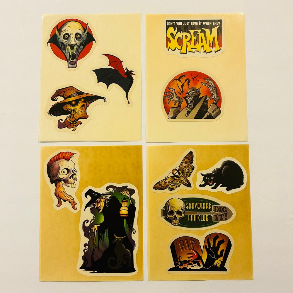RETRO STICKER LOT Halloween SCREAM Scarecrow Moth Black cat Tombstone WITCH