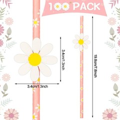100 Pcs Daisy Flower Straws Bulk Cute Flower Party Favors Disposable Pink Flo…