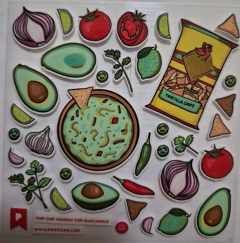 Pipstick Sticker Sheet 4×4 called «Chip Chip Hooray For Guacamole» From Jul 2021
