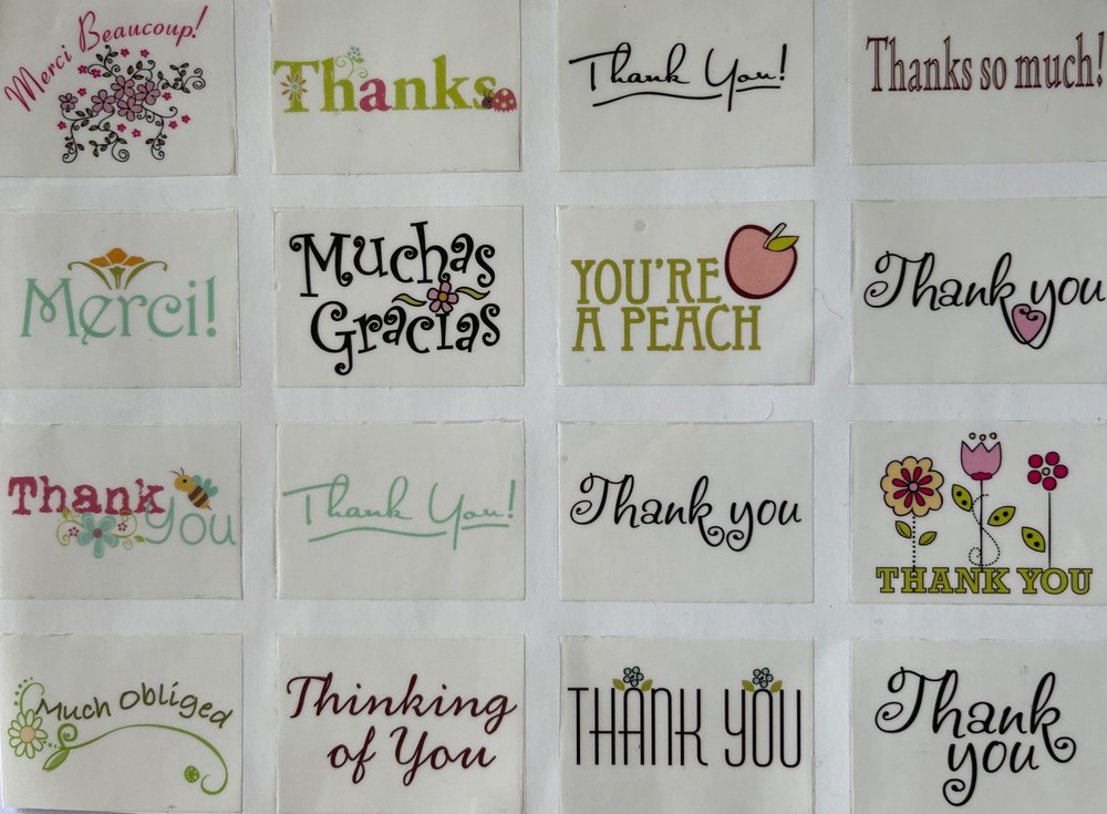 THANK YOU Mylar Stickers(16pc)8”x5-3/4”Words•Sayings•Greetings •Gifts•Flowers•