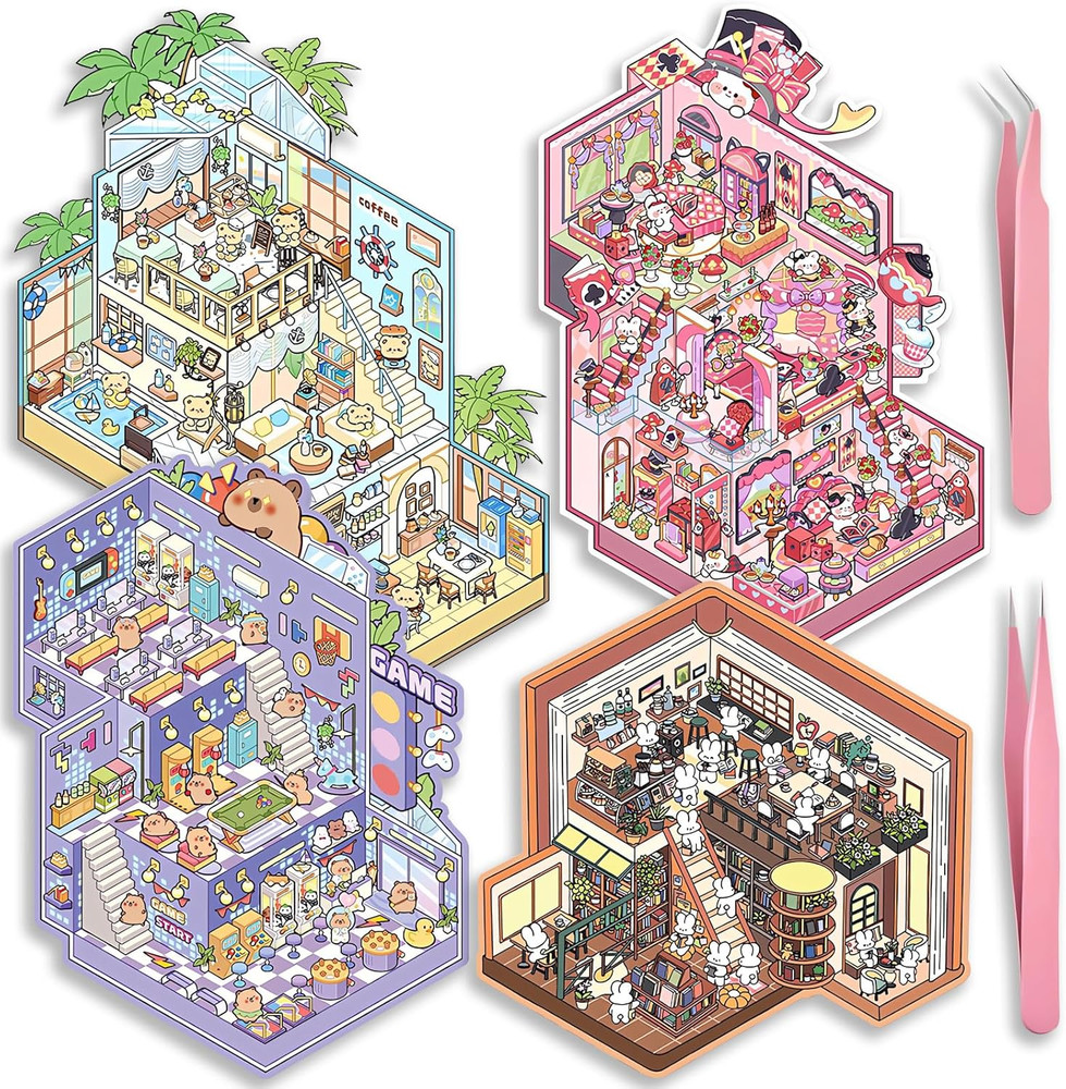 4 Sets Big DIY 3D Sticker Scene Isometric Miniature Room Stickers Book for Kids