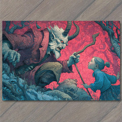 STICKER Krampus Demon Red Coat Yelling at Girl Dark Christmas Forest Fantasy
