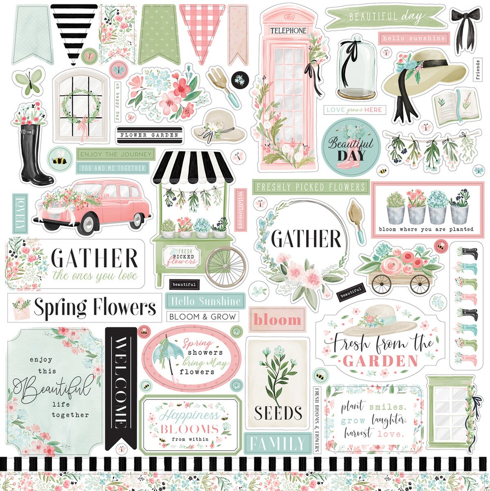 (1) 12×12 Sheet of Carta Bella Paper FLOWER GARDEN Scrapbook Element Stickers