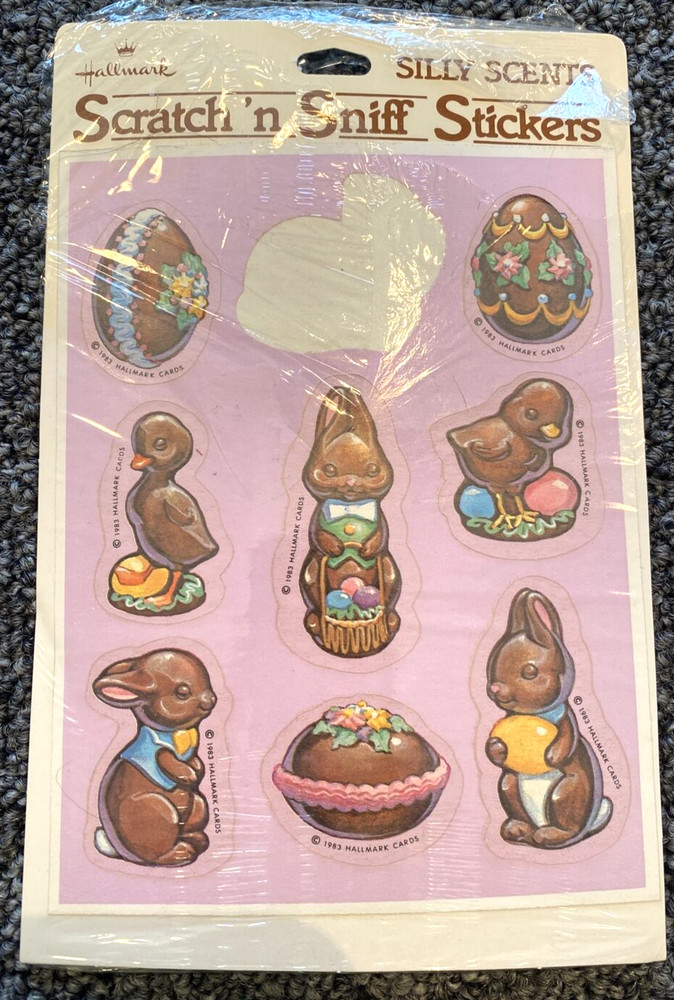 Hallmark Chocolate Easter Bunny Egg Stickers Scratch n Sniff Silly Scents 1983