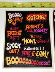 VTG HALLOWEEN STICKER 2 SHEETS BLACK ORANGE BOO SCARY HORROR MONSTER GHOST DECAL