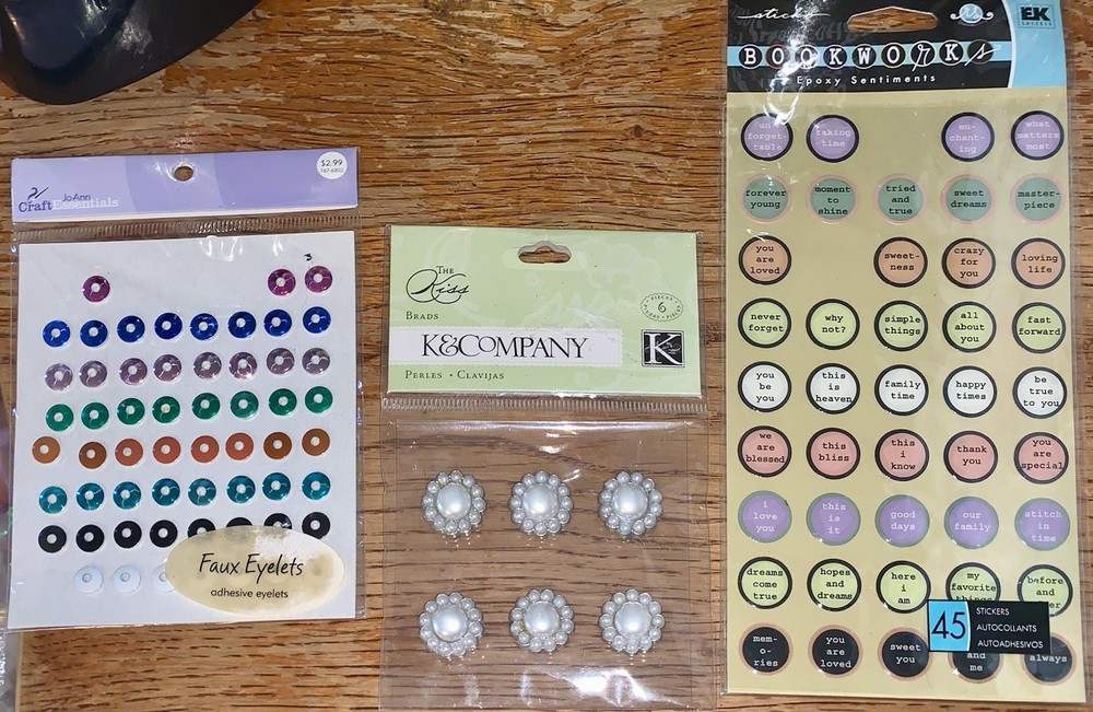 Scrapbooking Stickers/Brads: Faux Eyelets, Lg Flower Brads & Sentiment Stickers