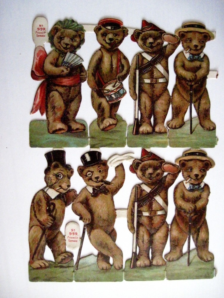 Vintage 1800’s Die Cut Of Bears Dressed In Different Costumes Drummer, Soldiers*