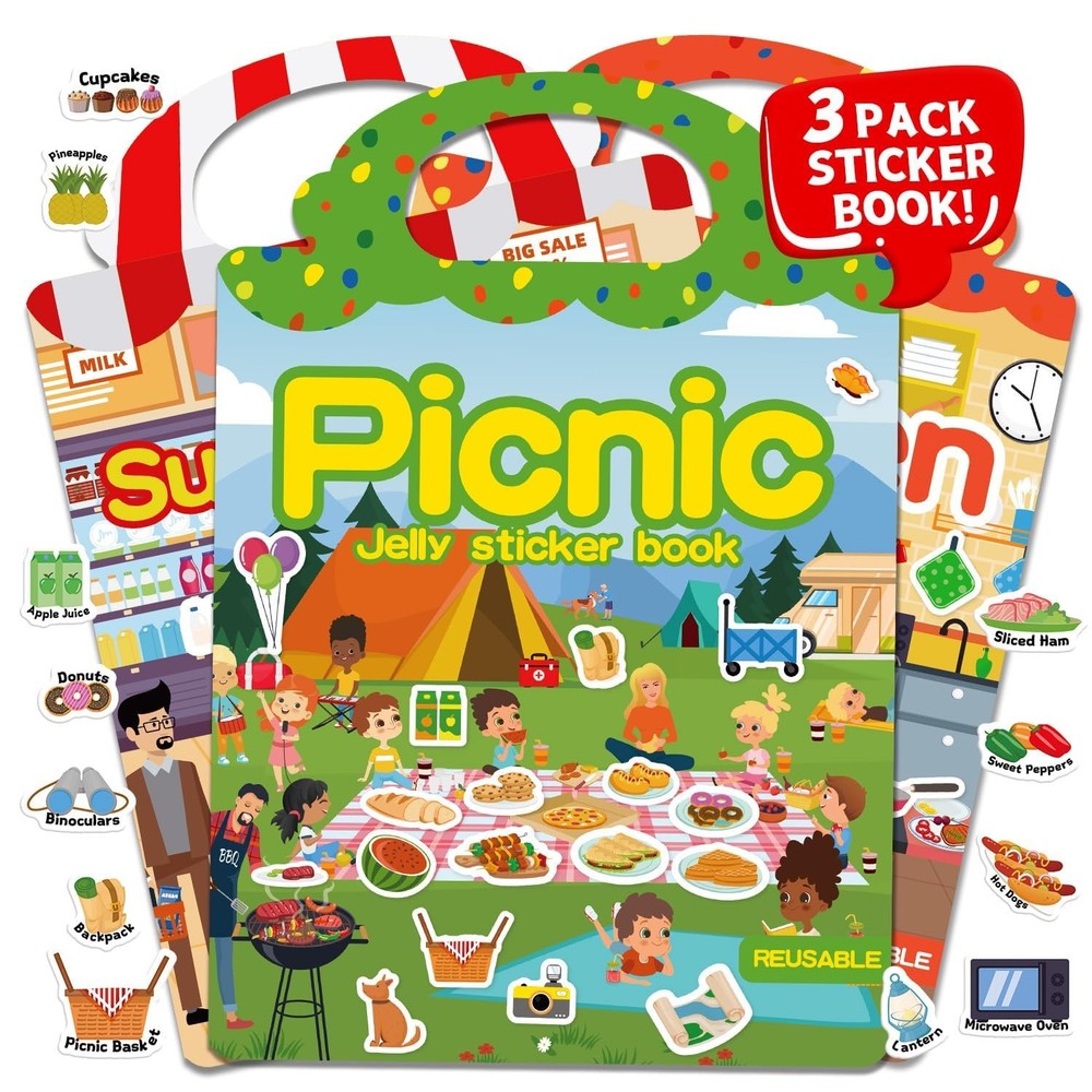3 Sets Reusable Sticker Book for Toddlers 3-6, Jelly Sticker Books for Toddle…