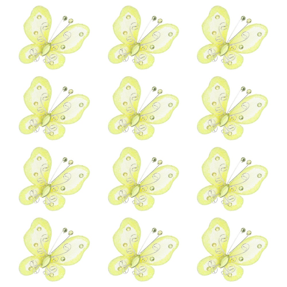 12Pcs Butterflies for Crafts, 2.2″ Organza Butterflies, Light Yellow