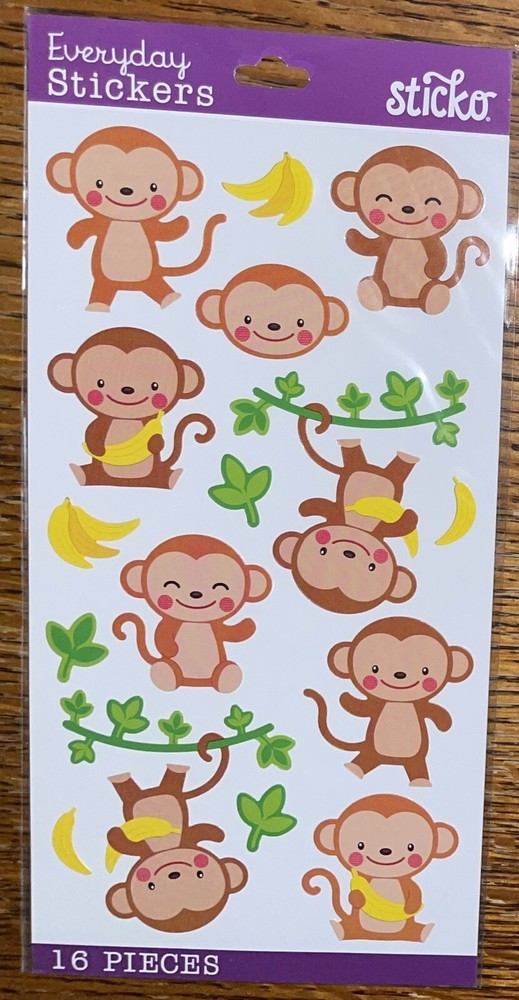 Sticko Dancing Monkey🐒Happy Jungle Animals Zoo Bananas Vines Scrapbook Stickers