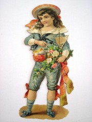 Lovely 1800’s Die Cut of Child Holding a Boat Filled w/ Pink & White Roses *