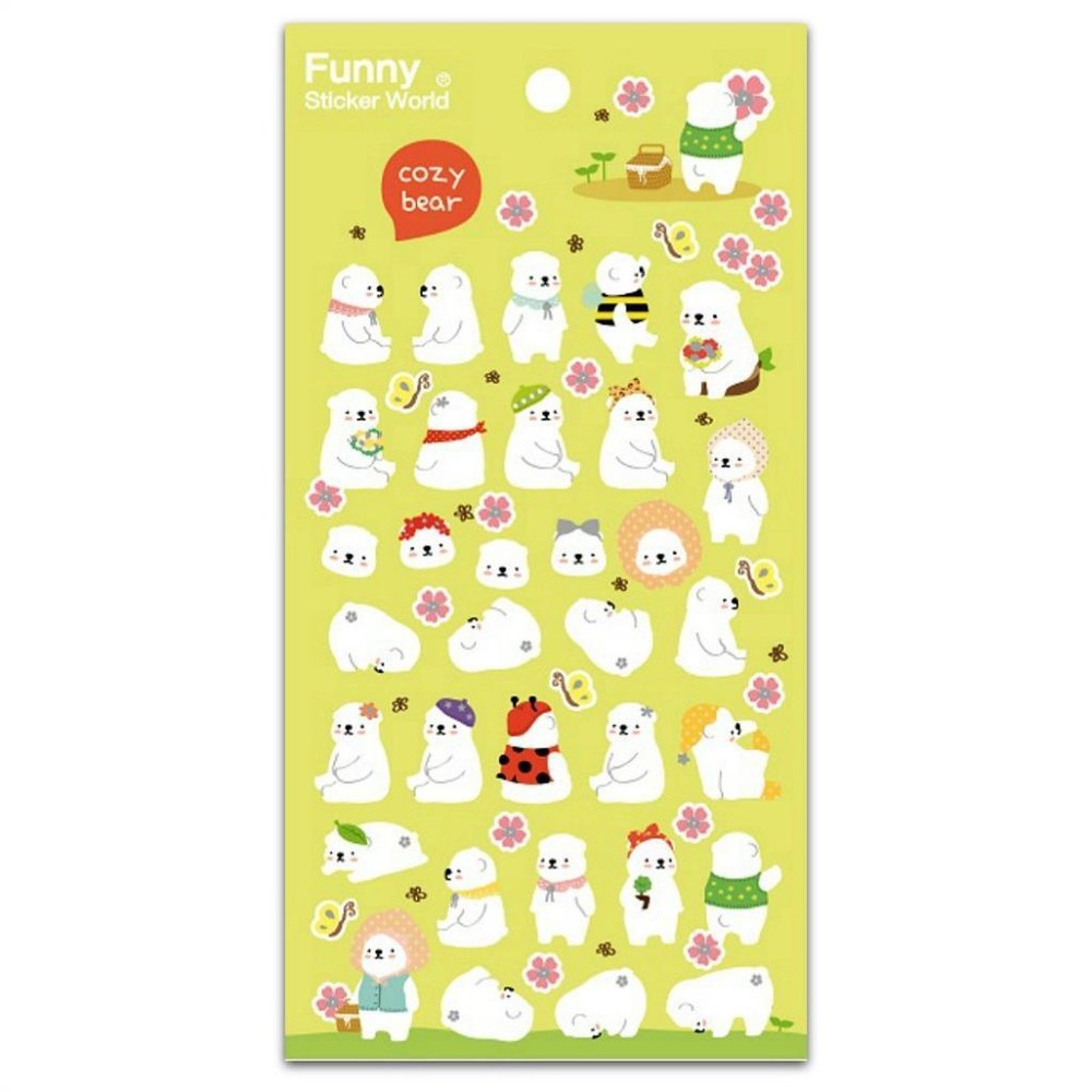 CUTE COZY POLAR BEAR STICKERS Fun Paper Sticker Sheet Kawaii Kid Craft Scrapbook