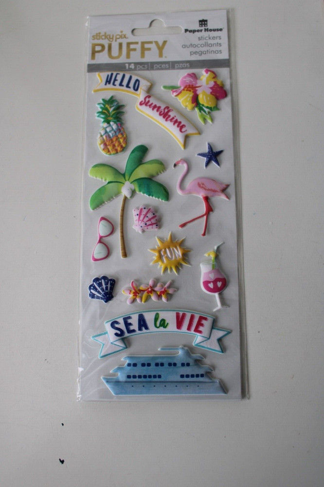 Paper House Sticky Pix Puffy 14PC Hello Sunshine Flower Shells Tree Scrapbooking