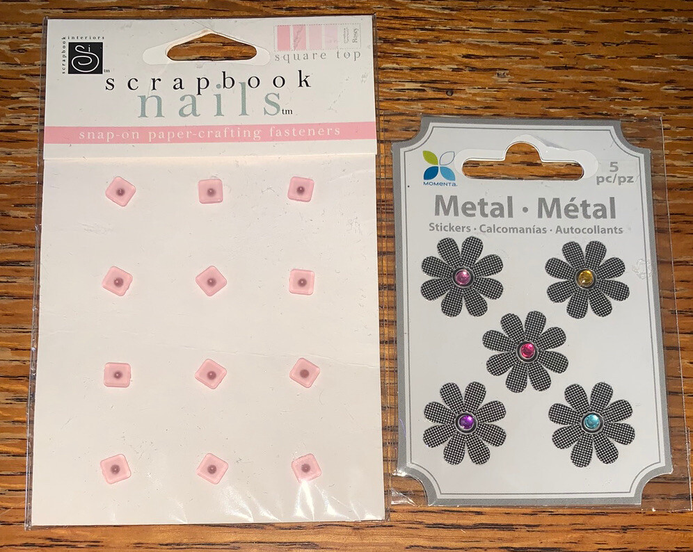 Lot Of 2 Scrapbook Interiors & Momenta Square Top Pink Nails ~Metal Flowers Gems