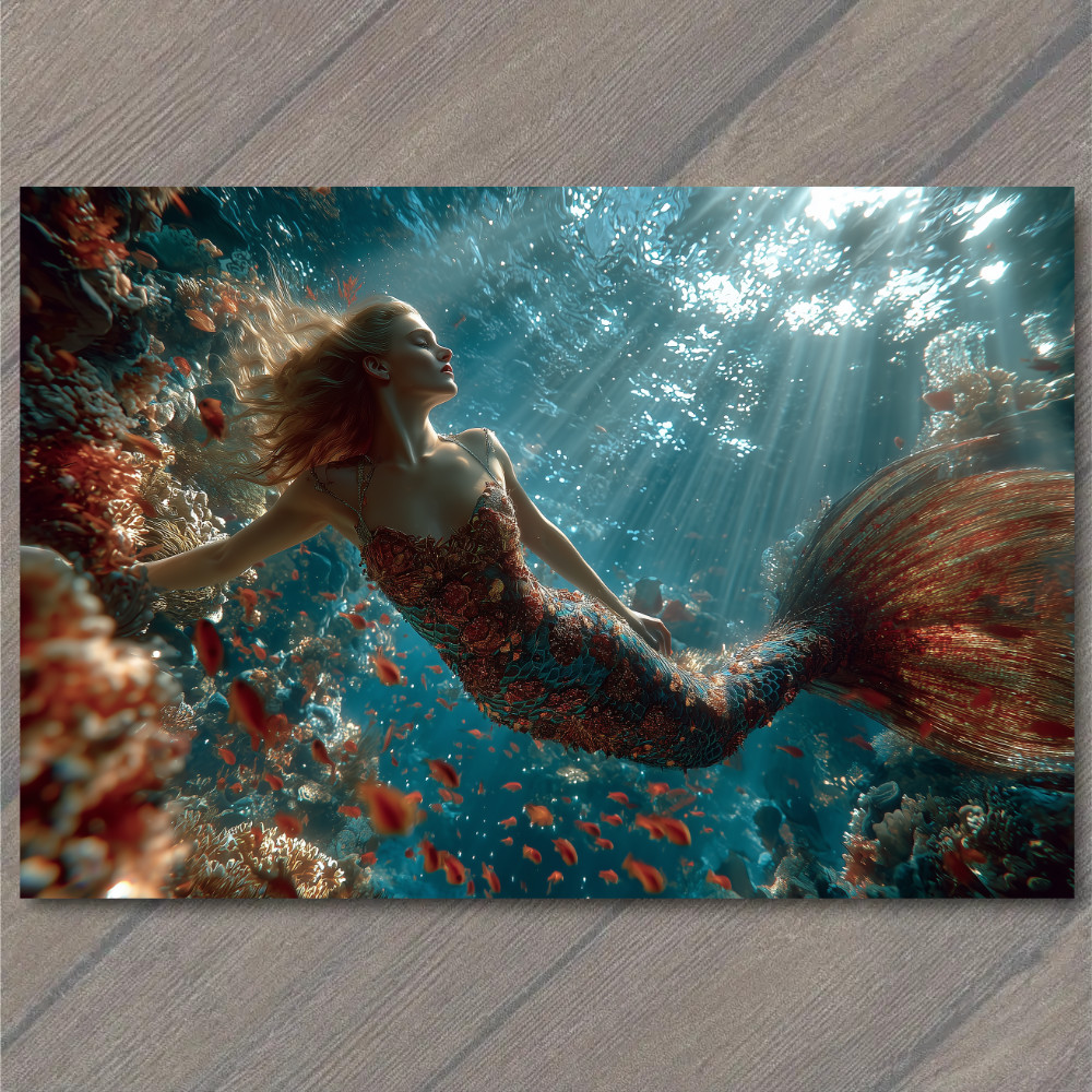STICKER Mermaid Coral Garden Underwater Rays Blonde Hair Red Fish Ocean Magic