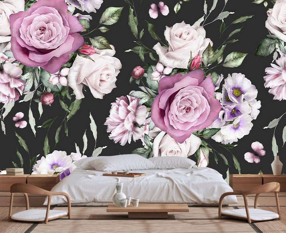 Seamless Pattern of Flowers and Exotic Leaves on a Black Background. Floral R…